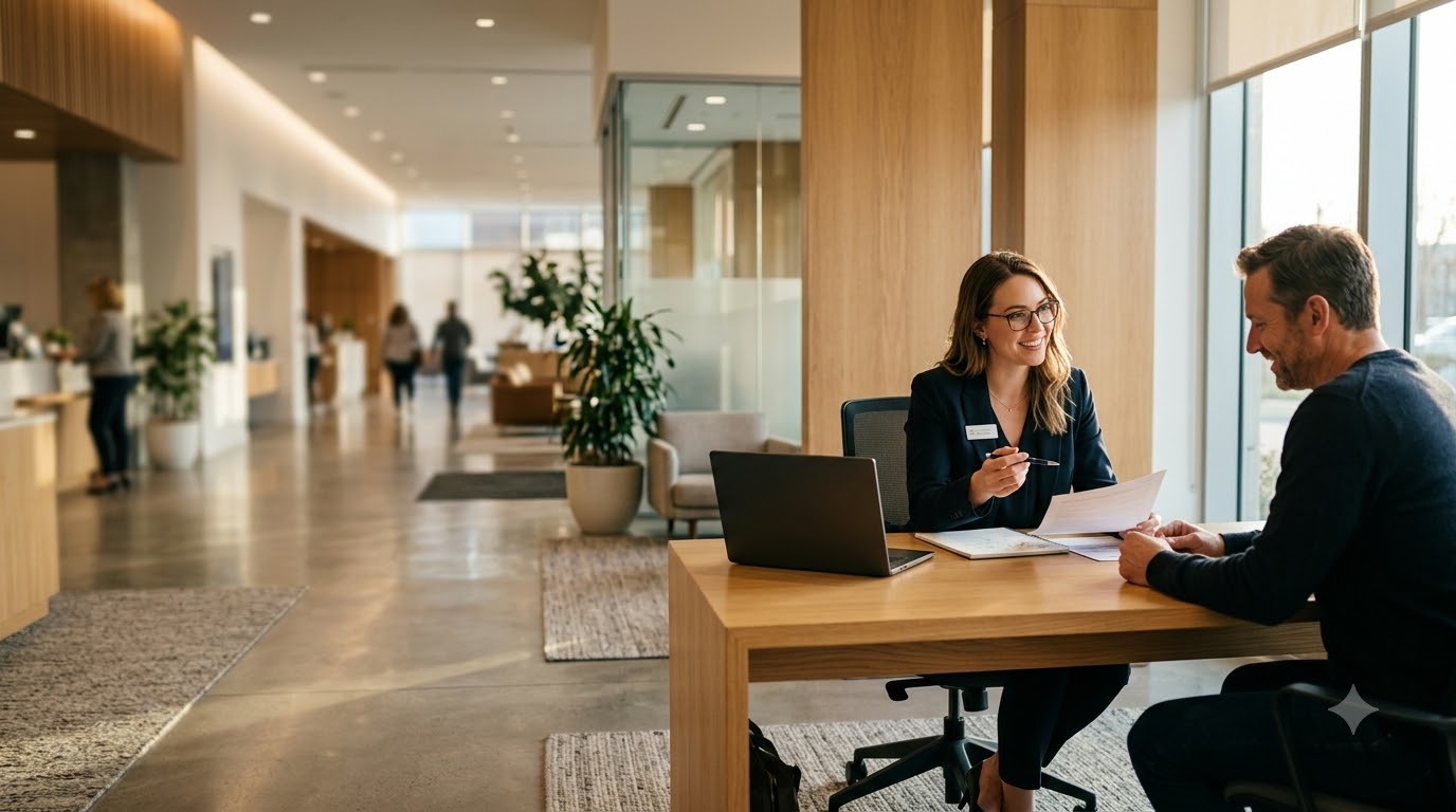Staff member helping a customer with paperwork at a desk in a bright branch lobby