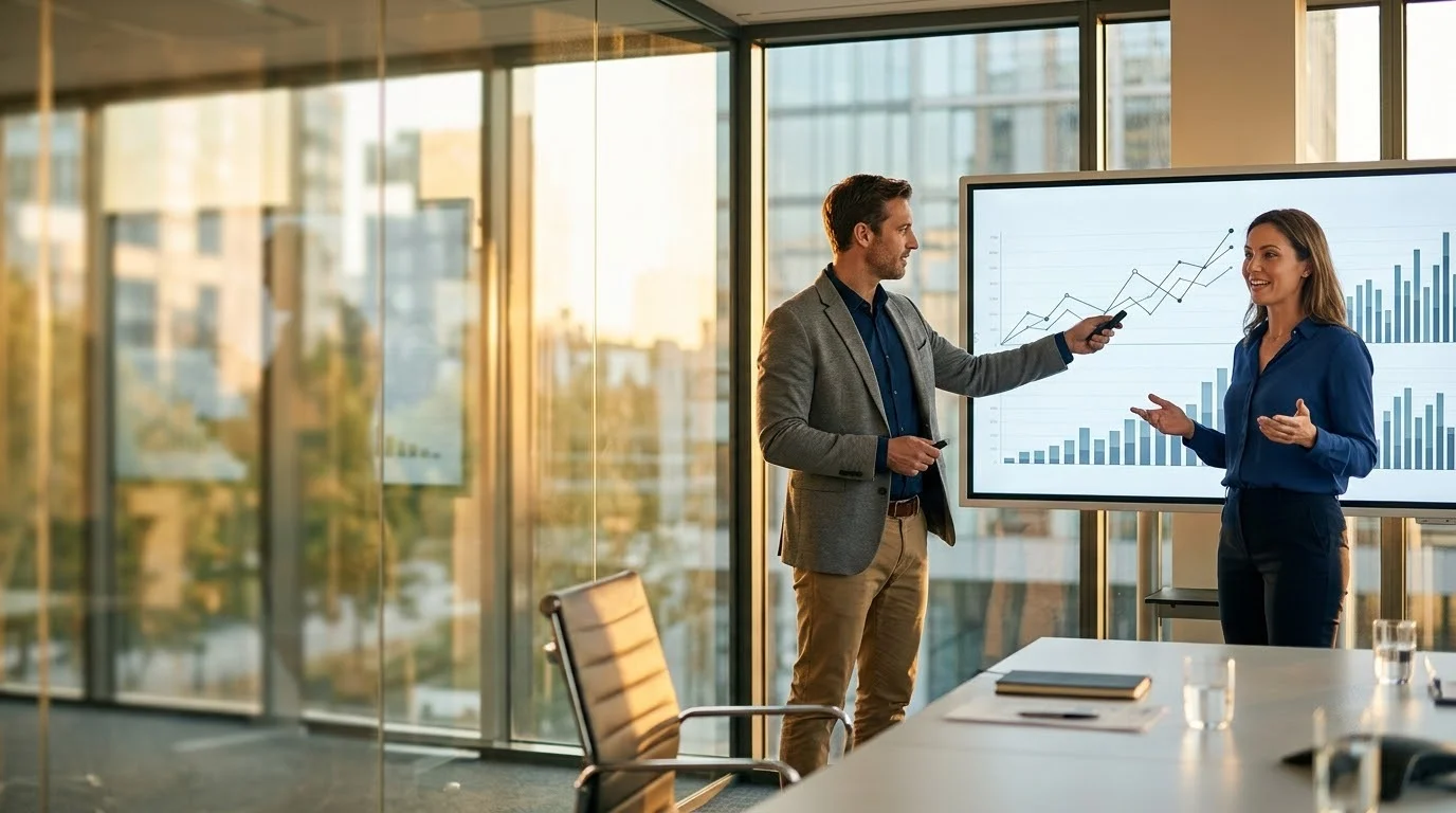 Two consultants presenting a rising performance chart on a screen in a bright office