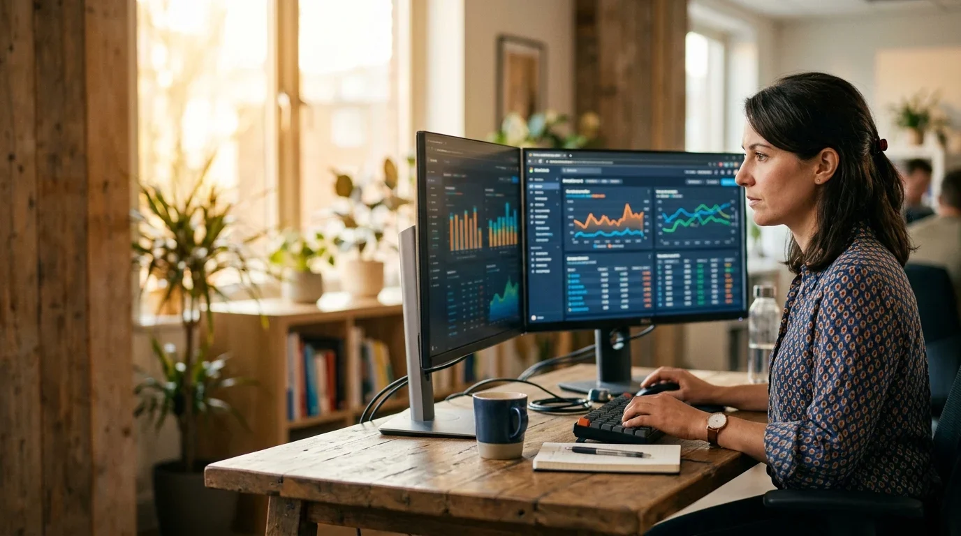 A PPC specialist adjusting campaign bids on dashboards with colourful charts across two monitors