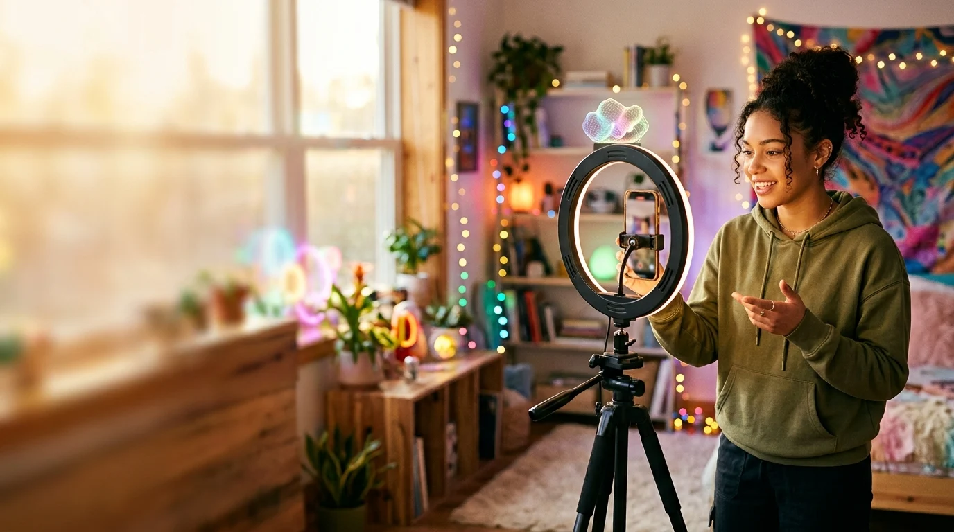 A young creator filming a short vertical video with a smartphone on a ring light, colourful neon-lit room