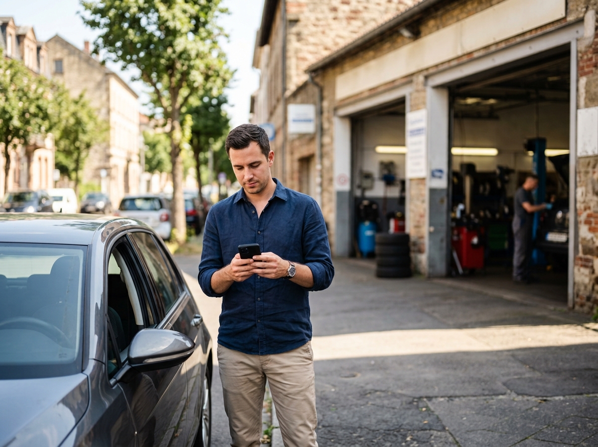 Driver checking a map on a phone outside a local garage