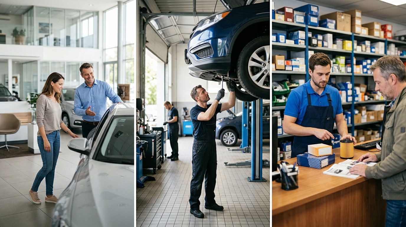 A car showroom, a repair workshop and a parts counter side by side