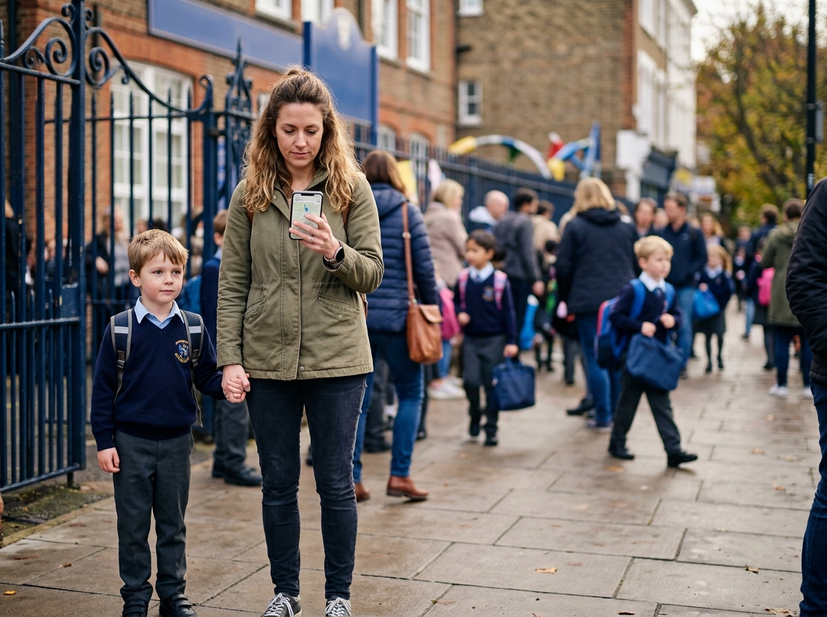Parent checking directions on a phone outside a school gate