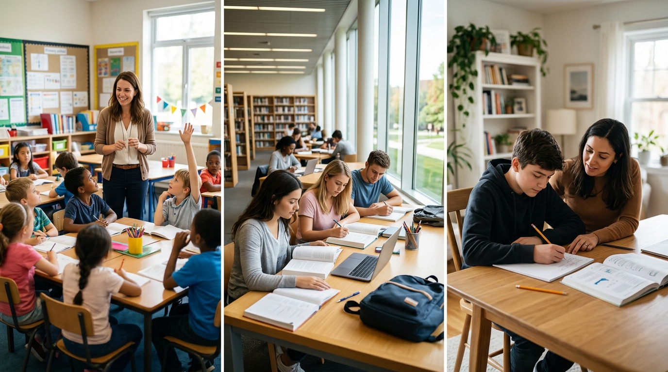 A classroom, a campus library and a tutoring session side by side
