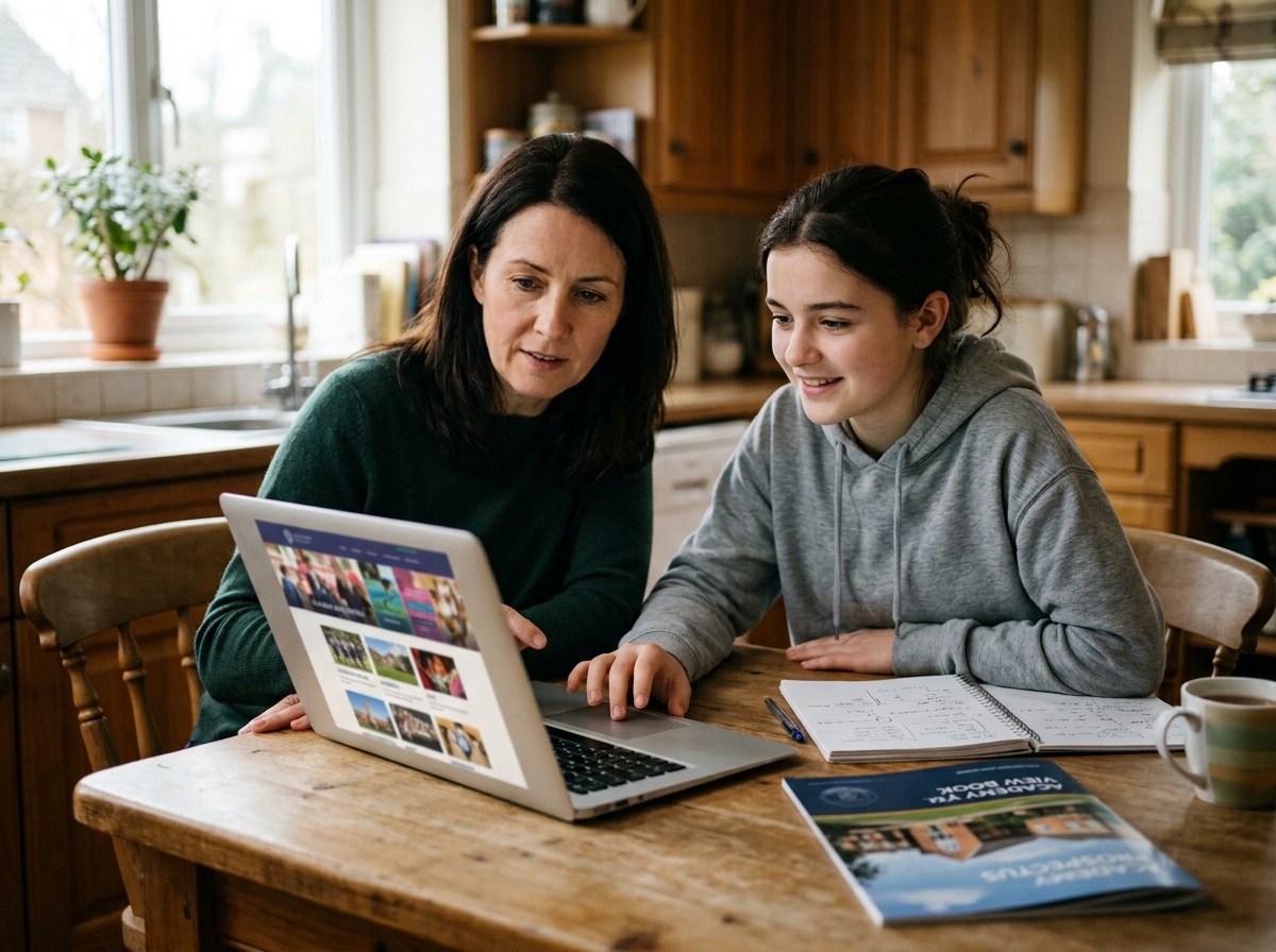 Parent reviewing a school website on a laptop at the kitchen table