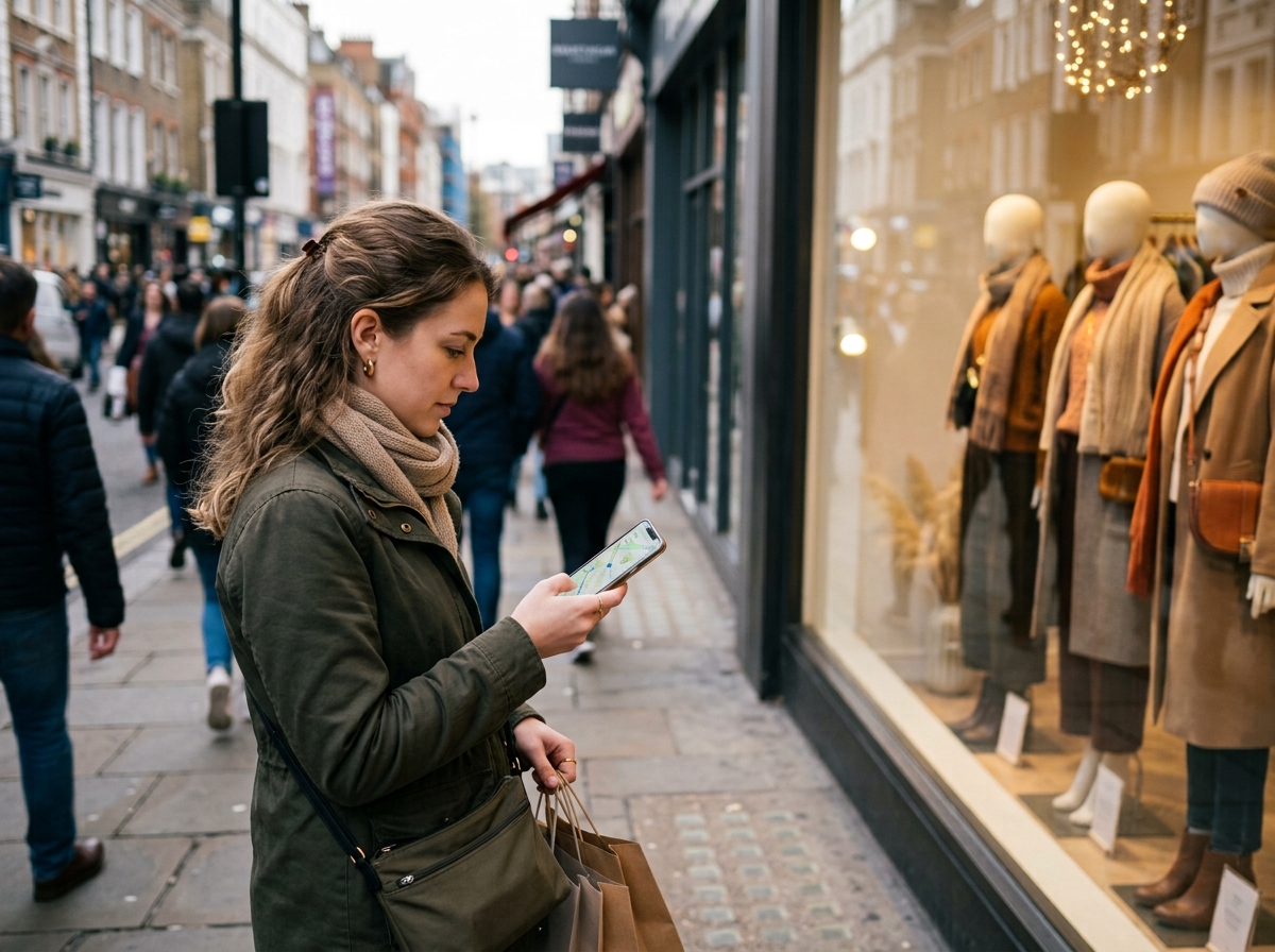 Shopper finding a boutique on a phone on a high street