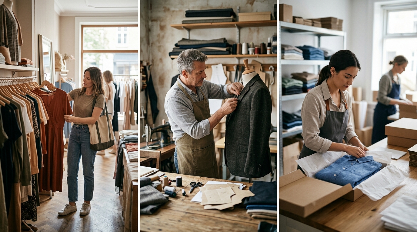 A boutique rail, a tailor's bench and an online order being packed