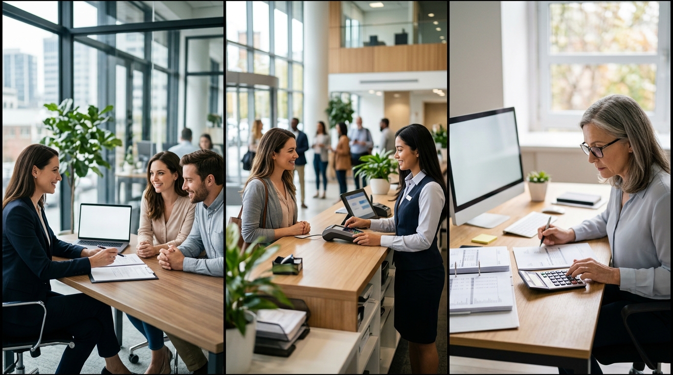 An advisor meeting, a bank branch and a bookkeeping desk side by side