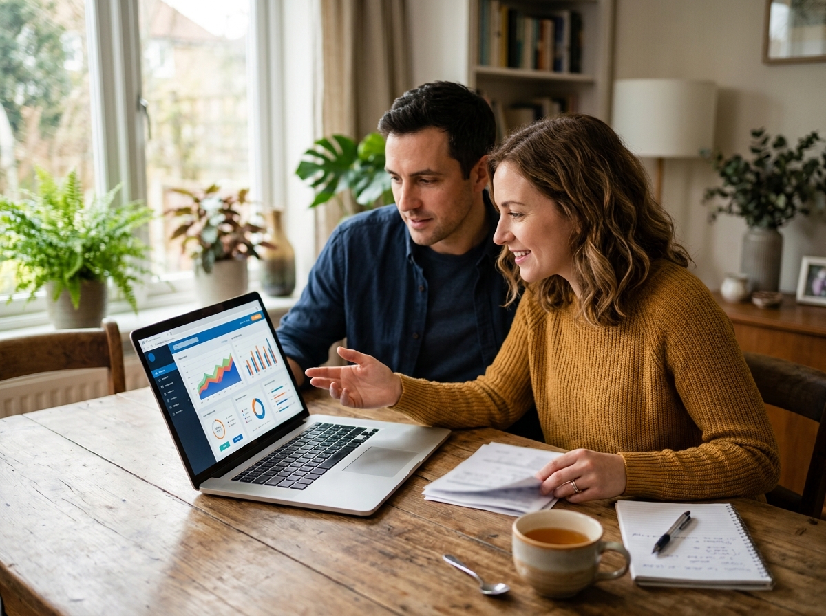 Couple comparing financial services on a laptop at home