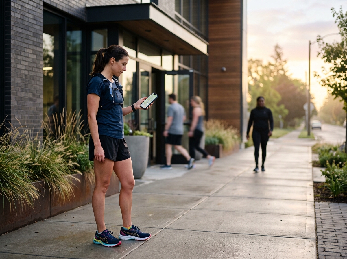 Runner checking a map on a phone outside a local gym