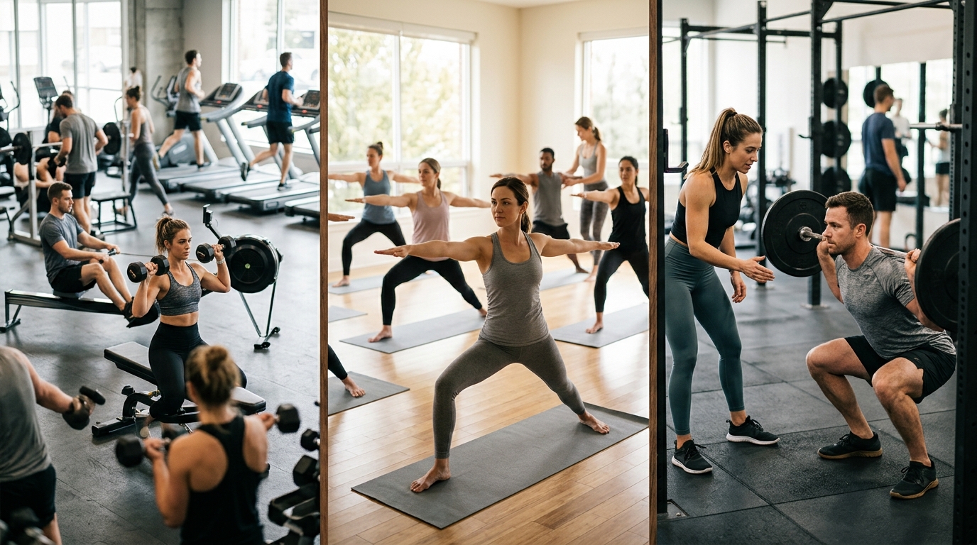 A gym floor, a yoga class and a personal training session side by side