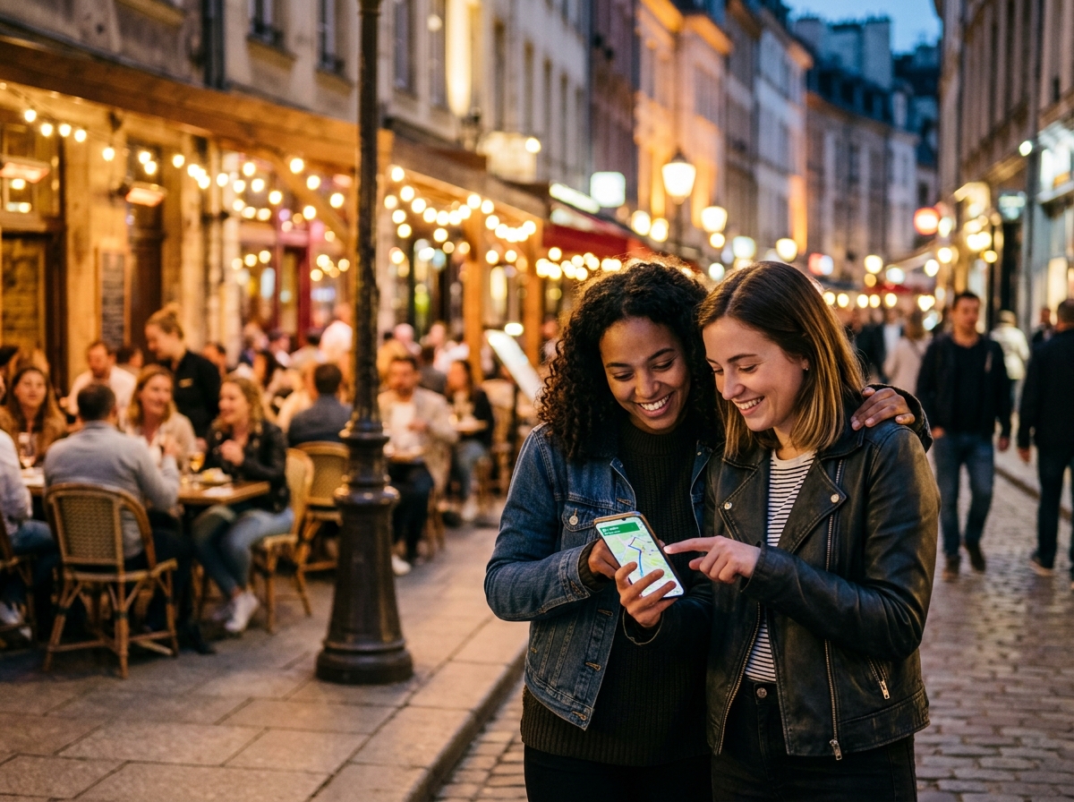Friends finding a restaurant on a phone on a lively street