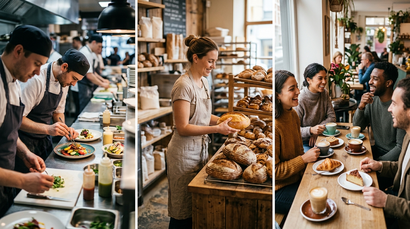 A restaurant kitchen, a bakery counter and a café table side by side
