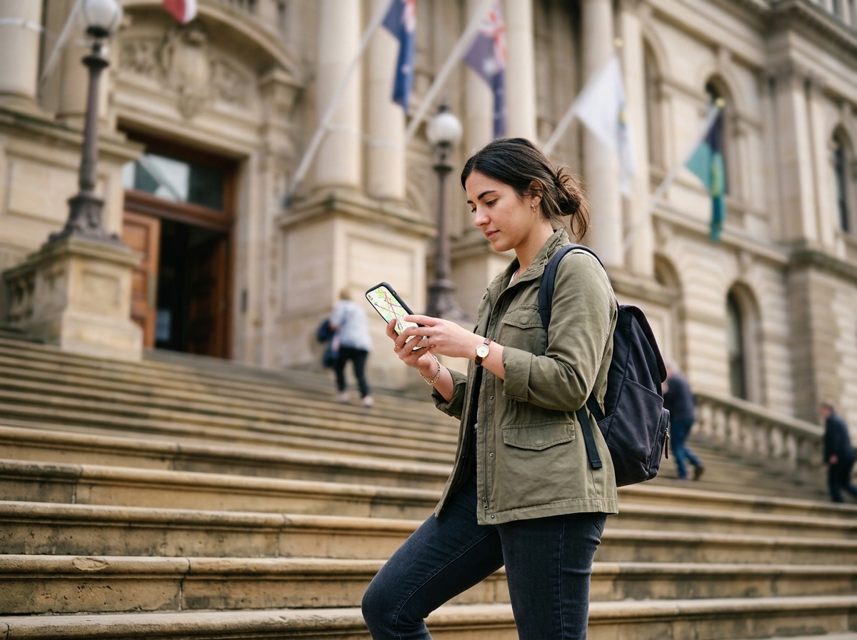Resident checking directions to a public building on a phone