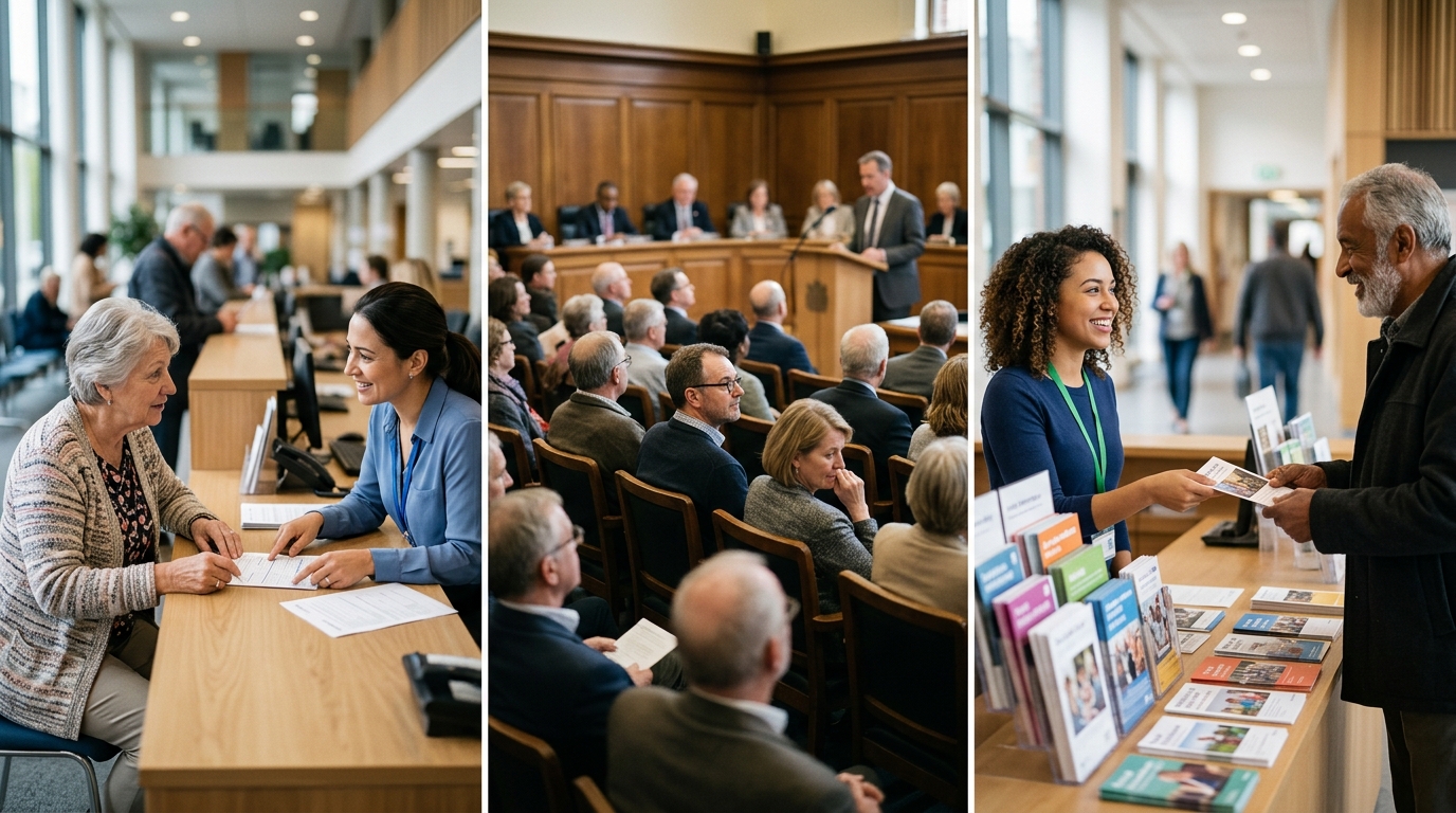 A civic service desk, a council meeting and a public information point