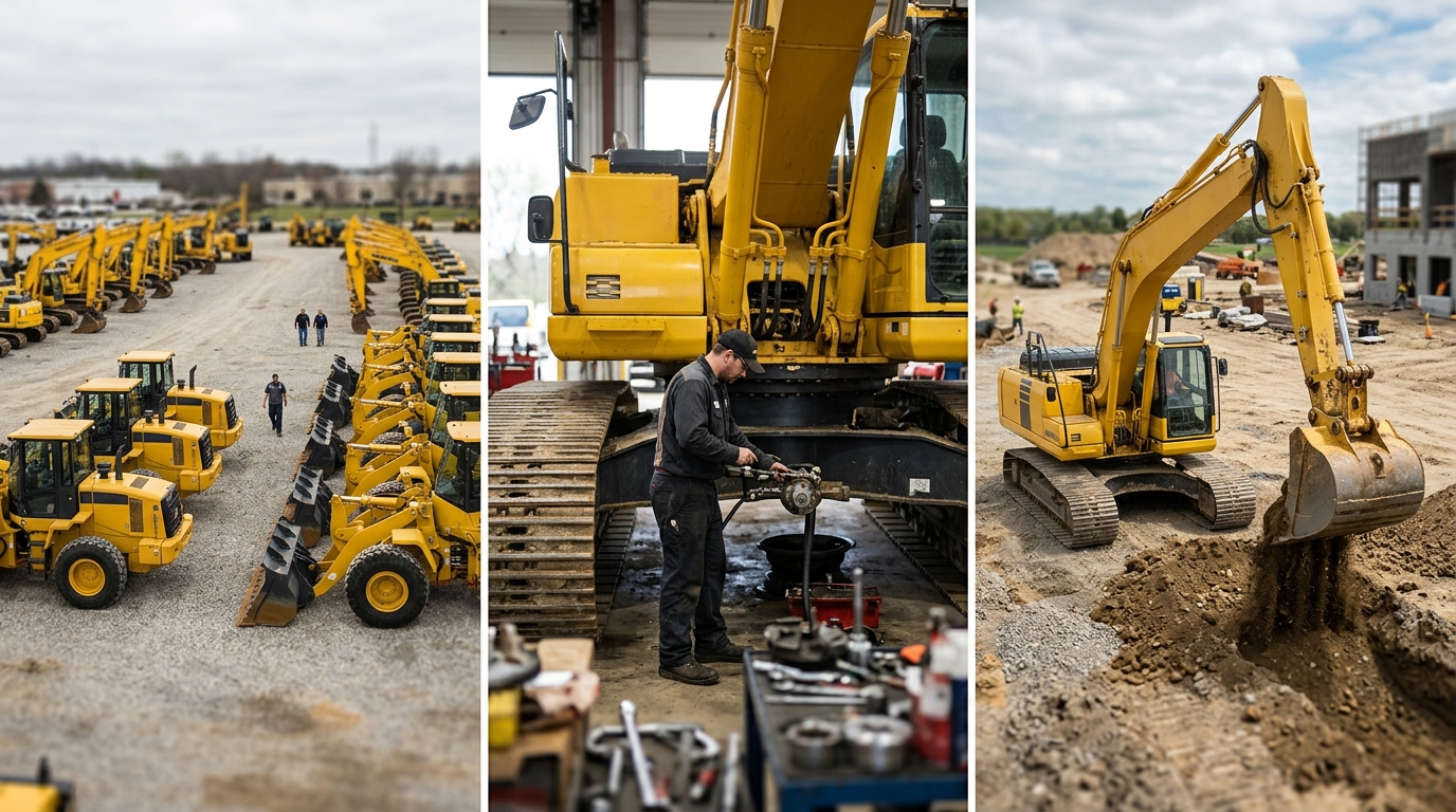 An equipment yard, a service bay and a construction site side by side