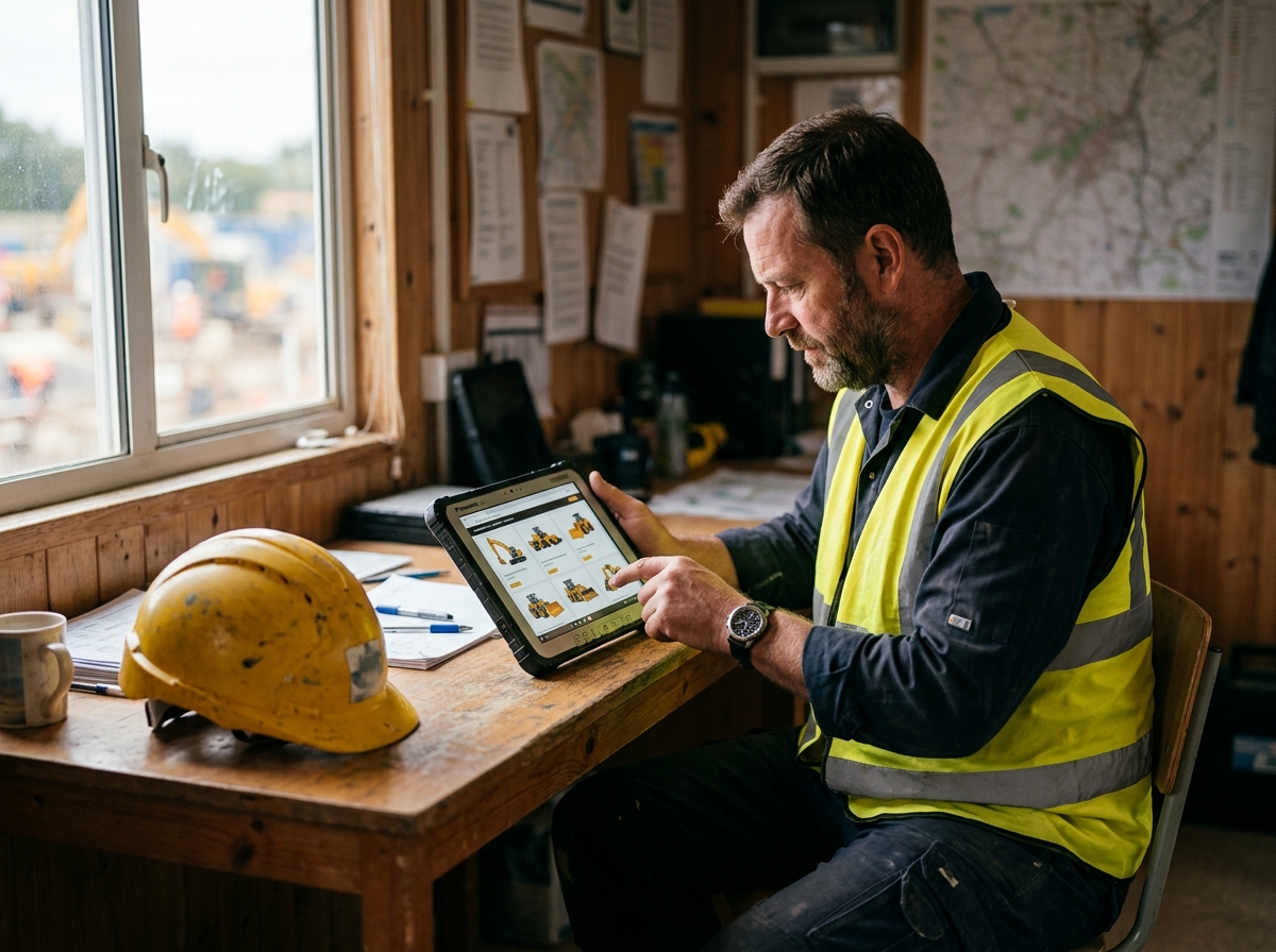 Contractor comparing equipment on a dealer website on a tablet