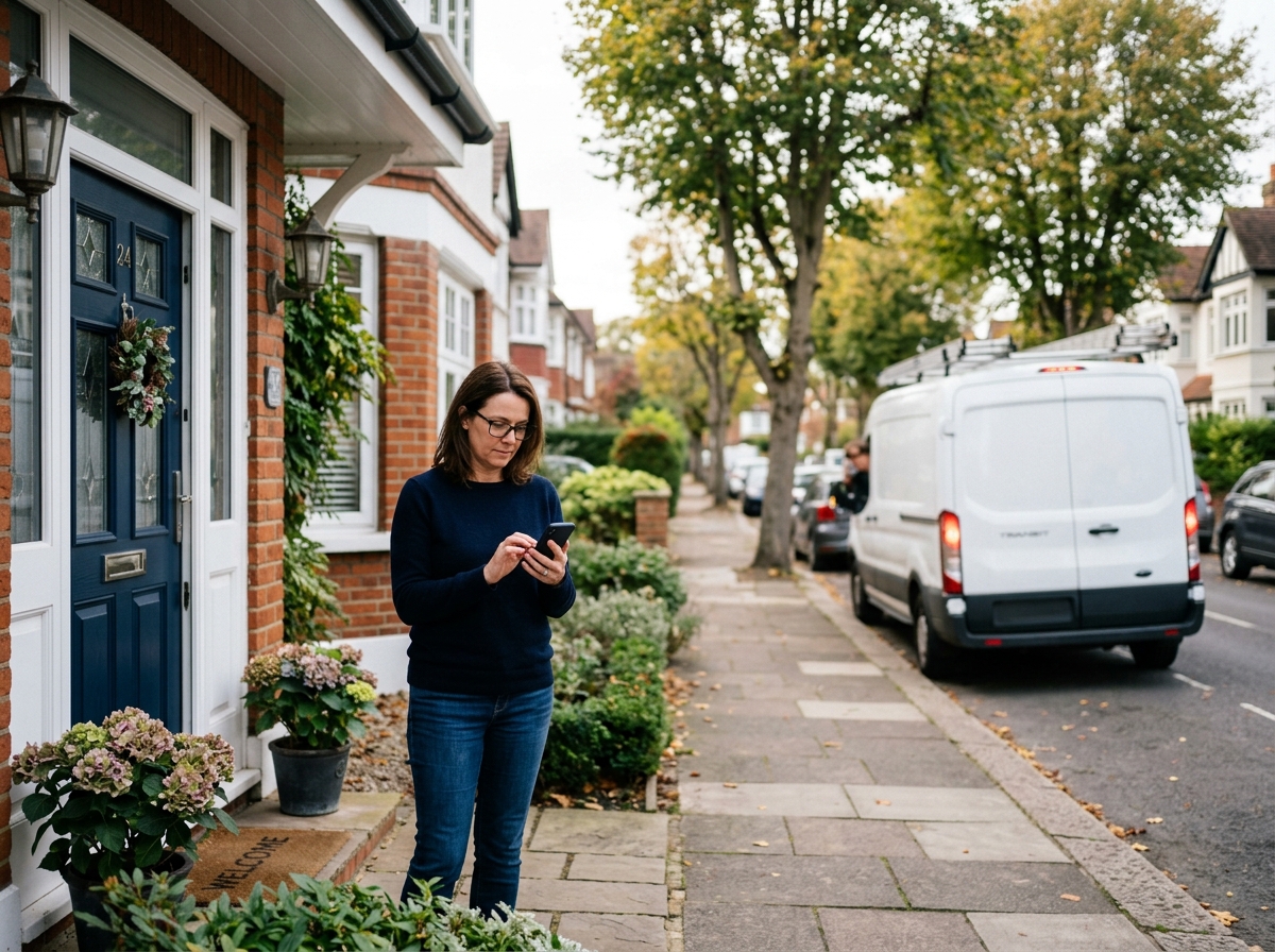 Homeowner searching for a local tradesperson on a phone at the front door