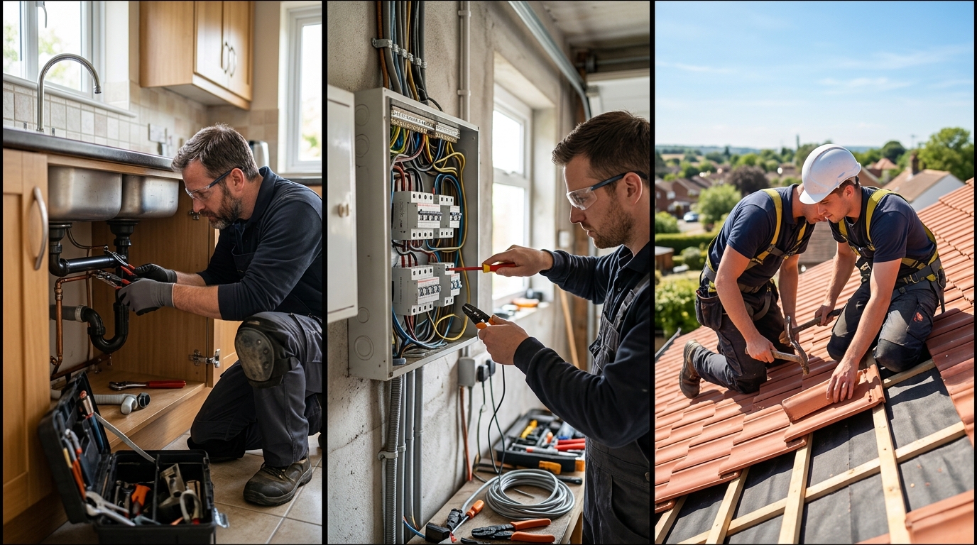 A plumber, an electrician and a roofer at work side by side