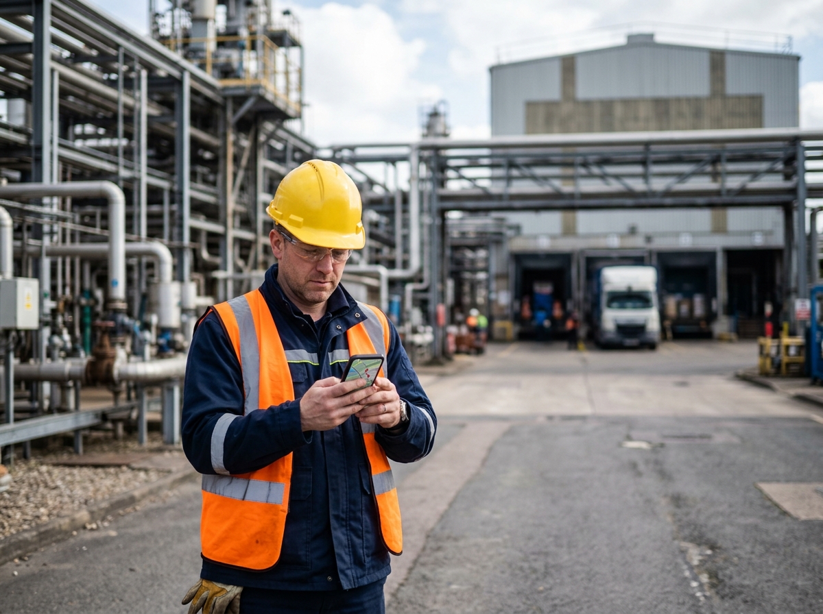 Engineer finding a regional supplier on a phone outside a plant