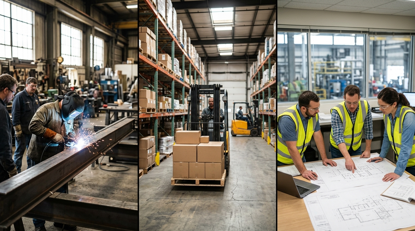 A fabrication shop, a supply warehouse and an engineering office side by side