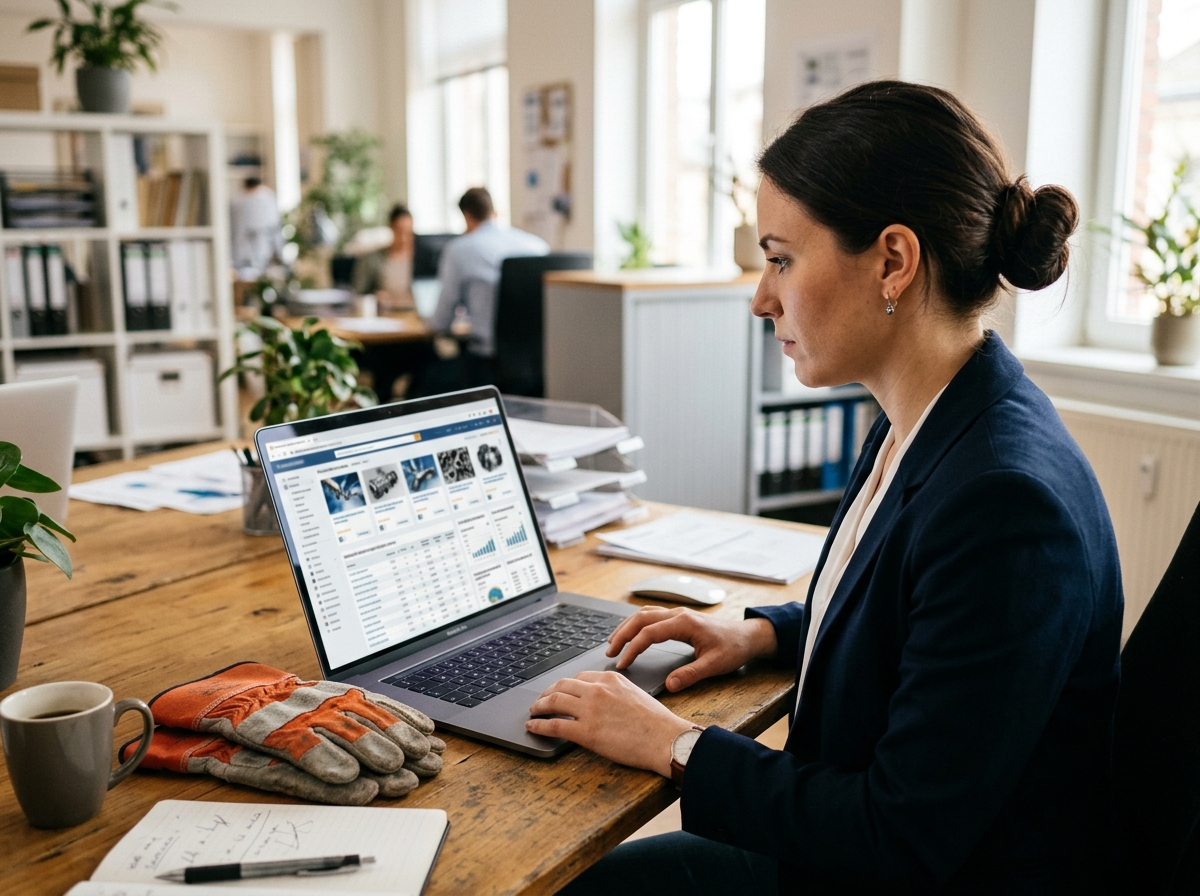 Buyer researching an industrial supplier website on a laptop