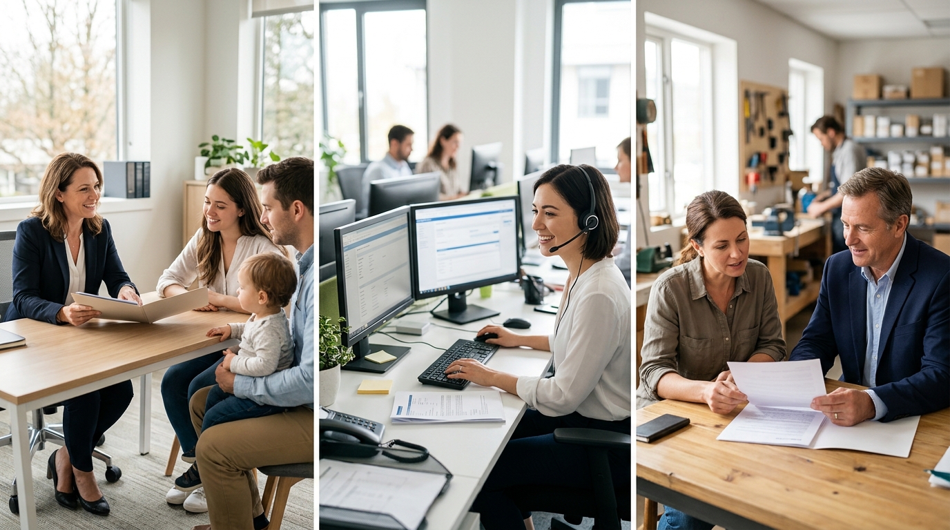 An agent meeting a family, a claims desk and a business consultation