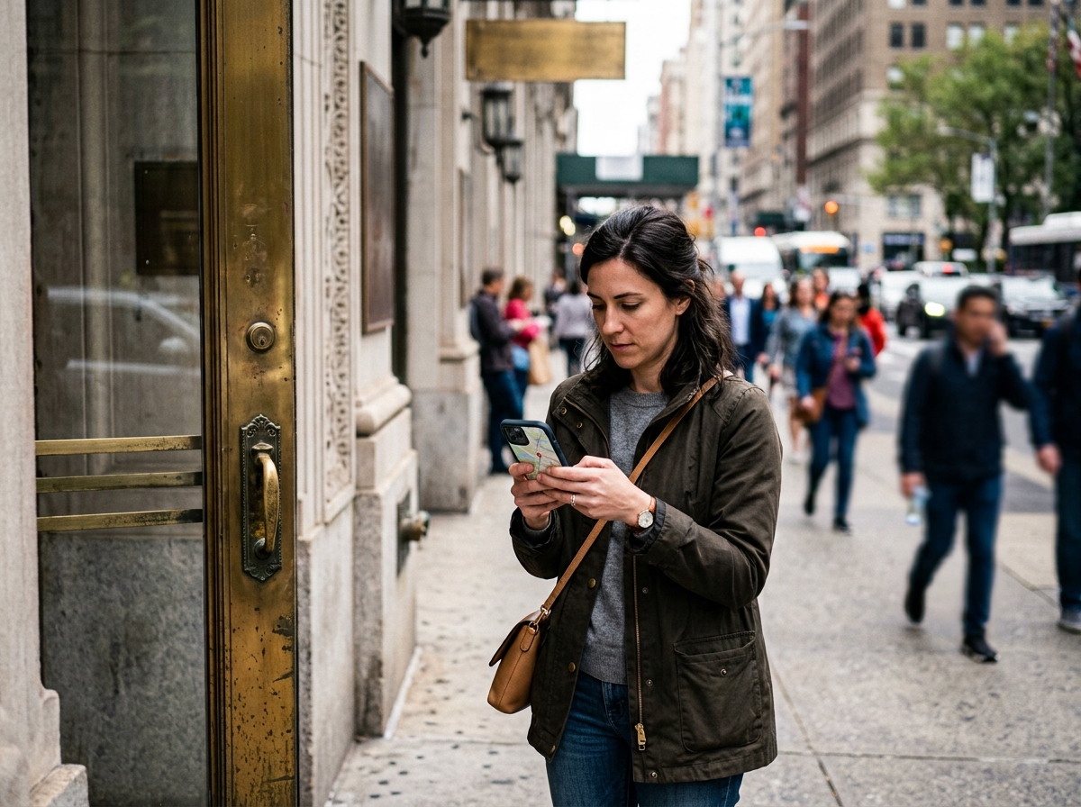 Client finding a law office on a phone on a city street