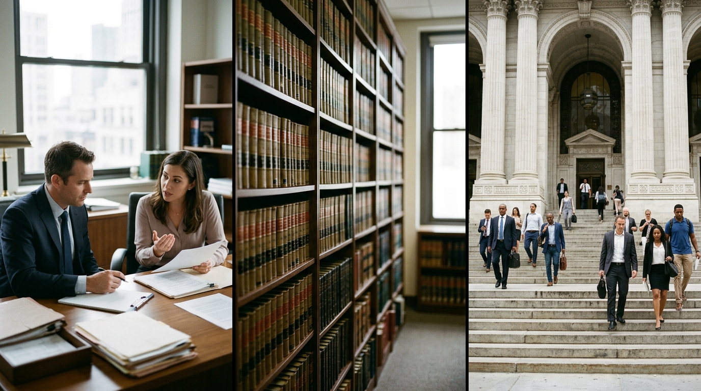 A client consultation, a law library and a courthouse entrance side by side