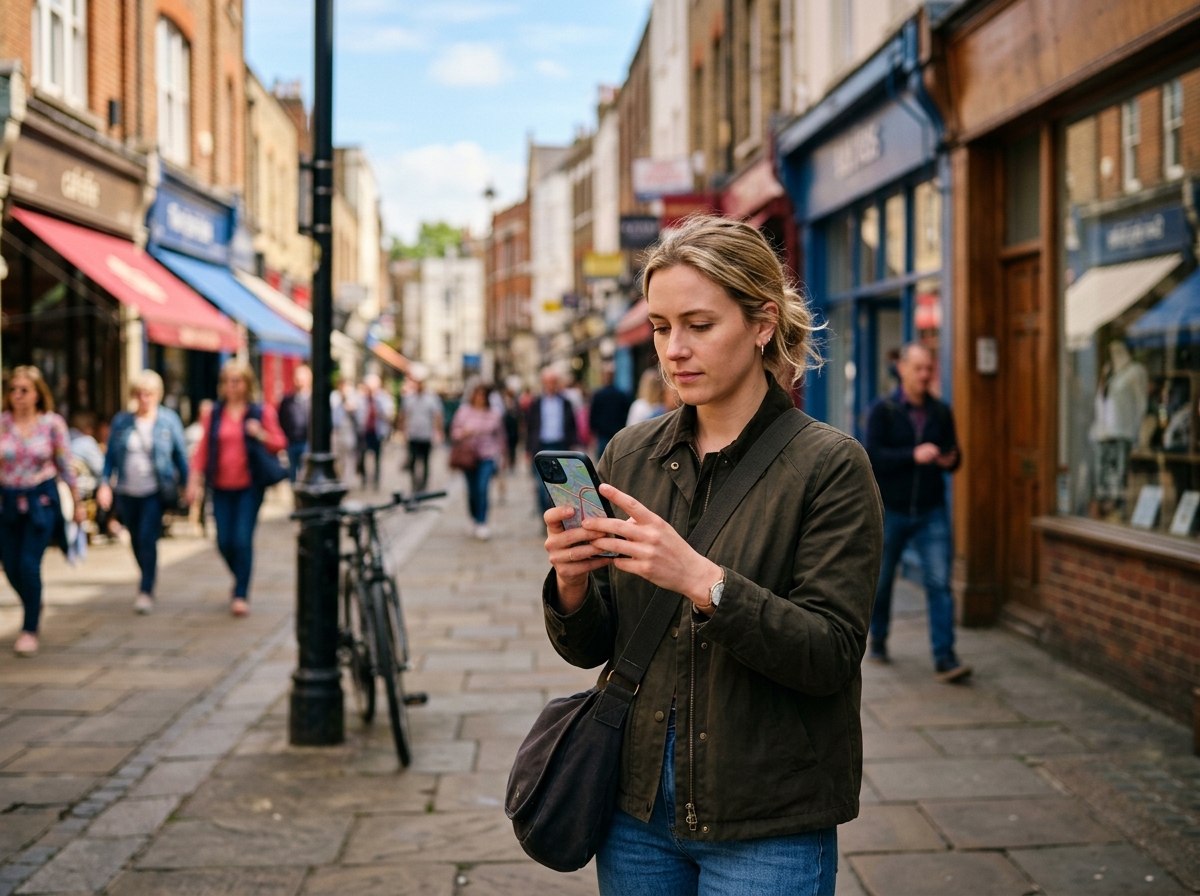 Customer finding a local shop on a phone on a high street