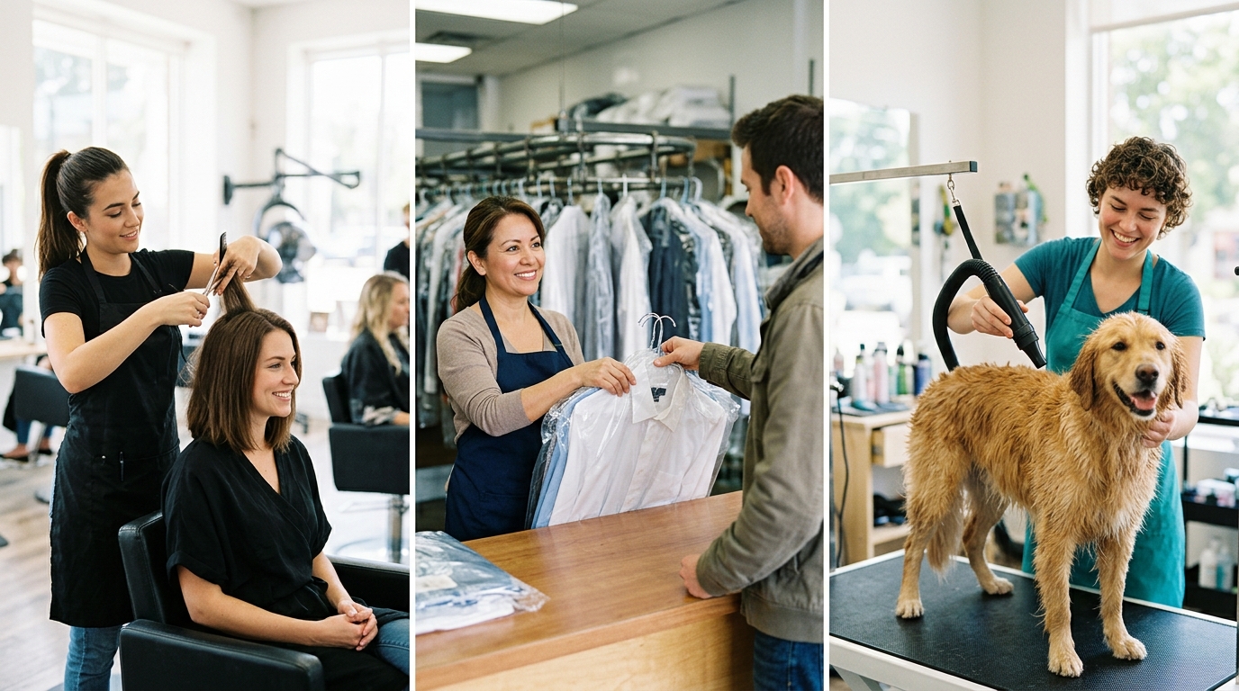 A hair salon, a dry cleaner and a pet groomer side by side