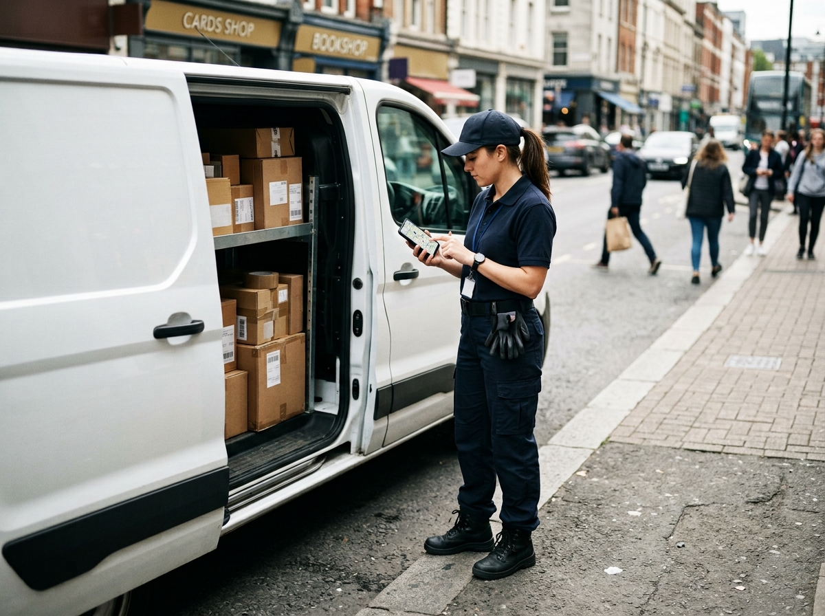 Driver checking a route on a phone beside a delivery van