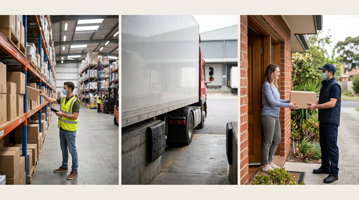 A warehouse, a truck at a loading dock and a courier on a delivery