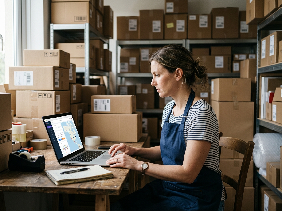 Business owner booking freight on a logistics website on a laptop