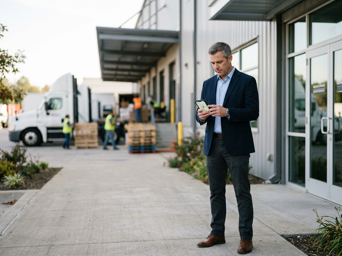 Buyer finding a nearby manufacturer on a phone outside a factory