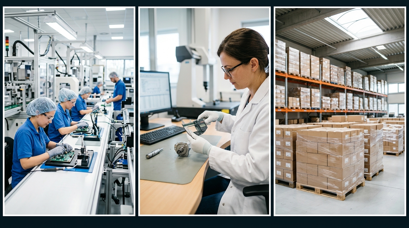 A production line, a quality lab and a finished-goods store side by side