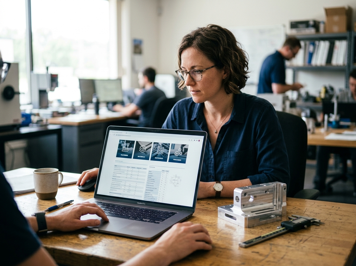 Engineer reviewing a manufacturer's capability pages on a laptop