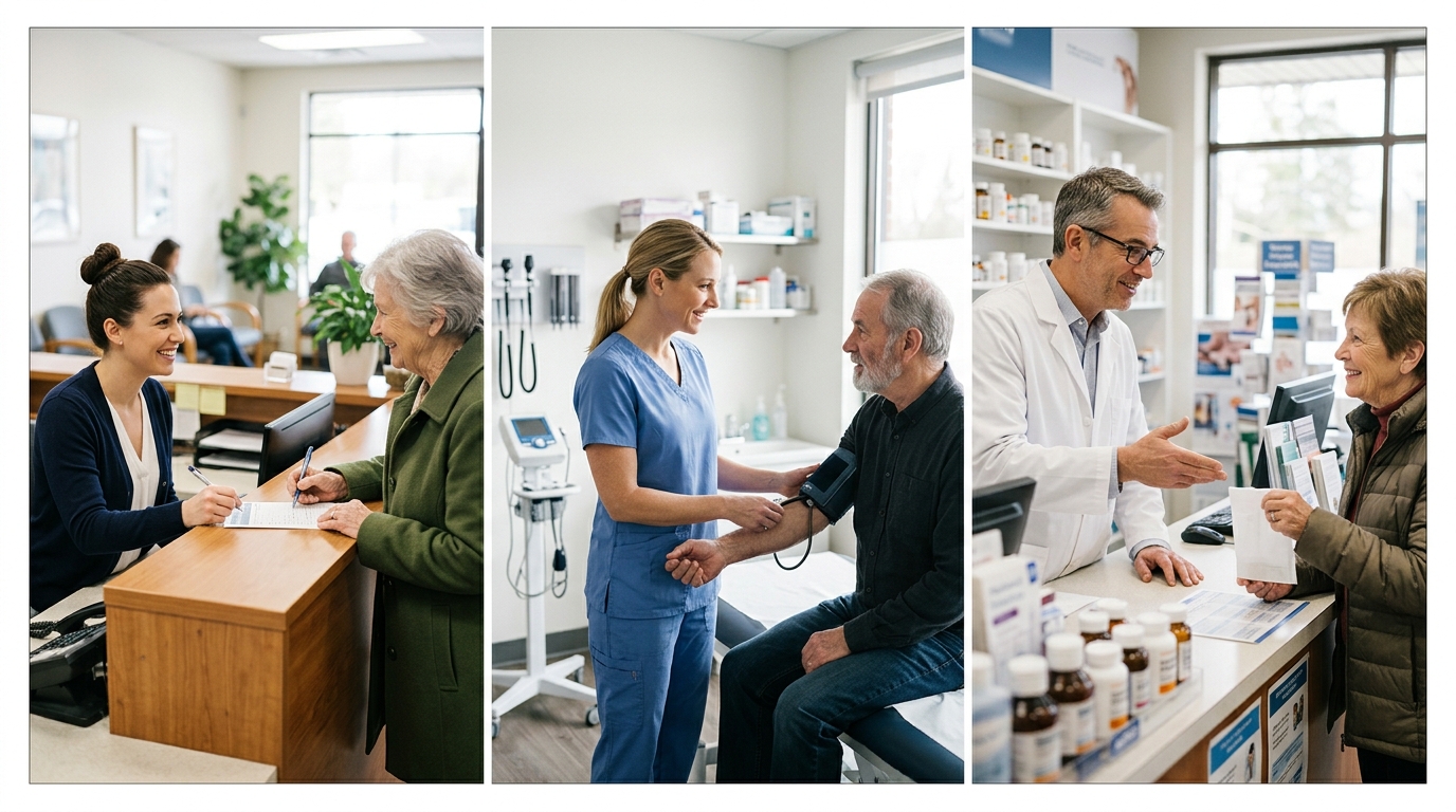 A clinic reception, a treatment room and a pharmacy counter side by side