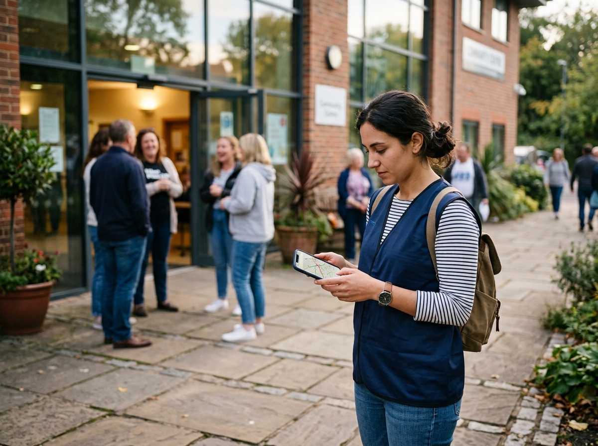 Volunteer finding a community center on a phone