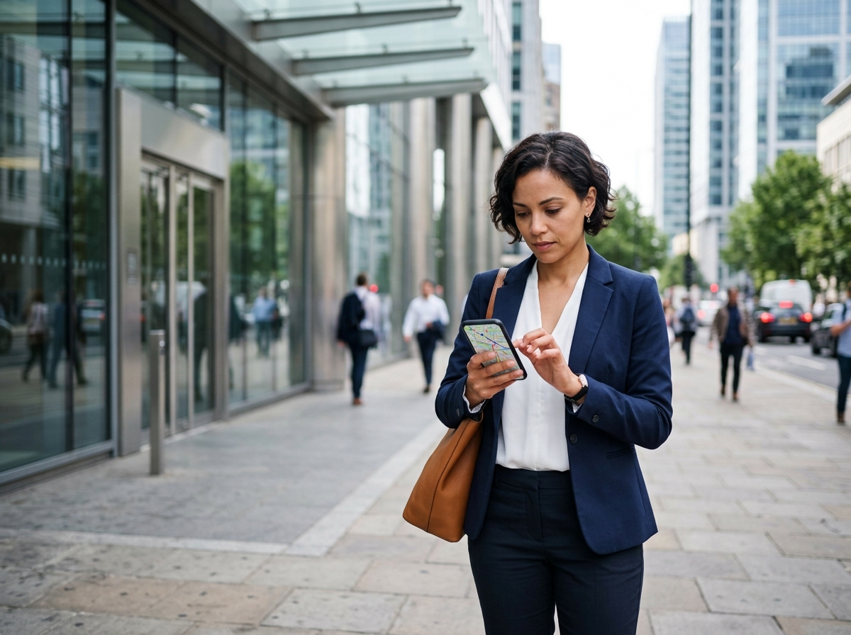 Client finding a firm's office on a phone on a business street