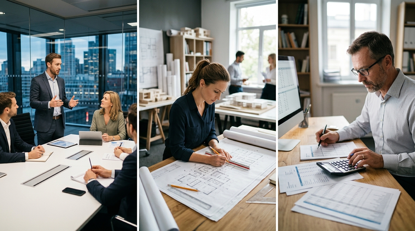 A consultancy meeting, an architect's studio and an accountant's desk