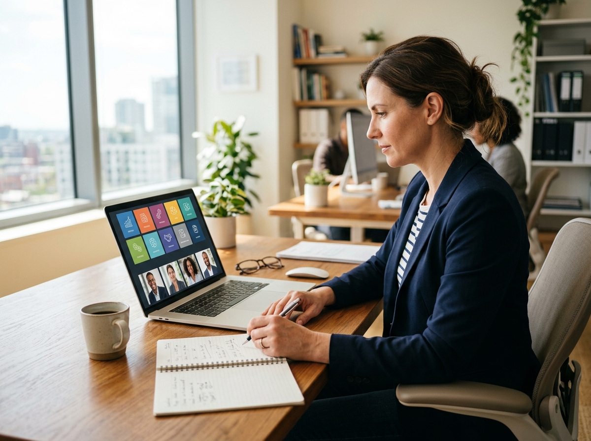 Client reviewing a firm's services website on a laptop