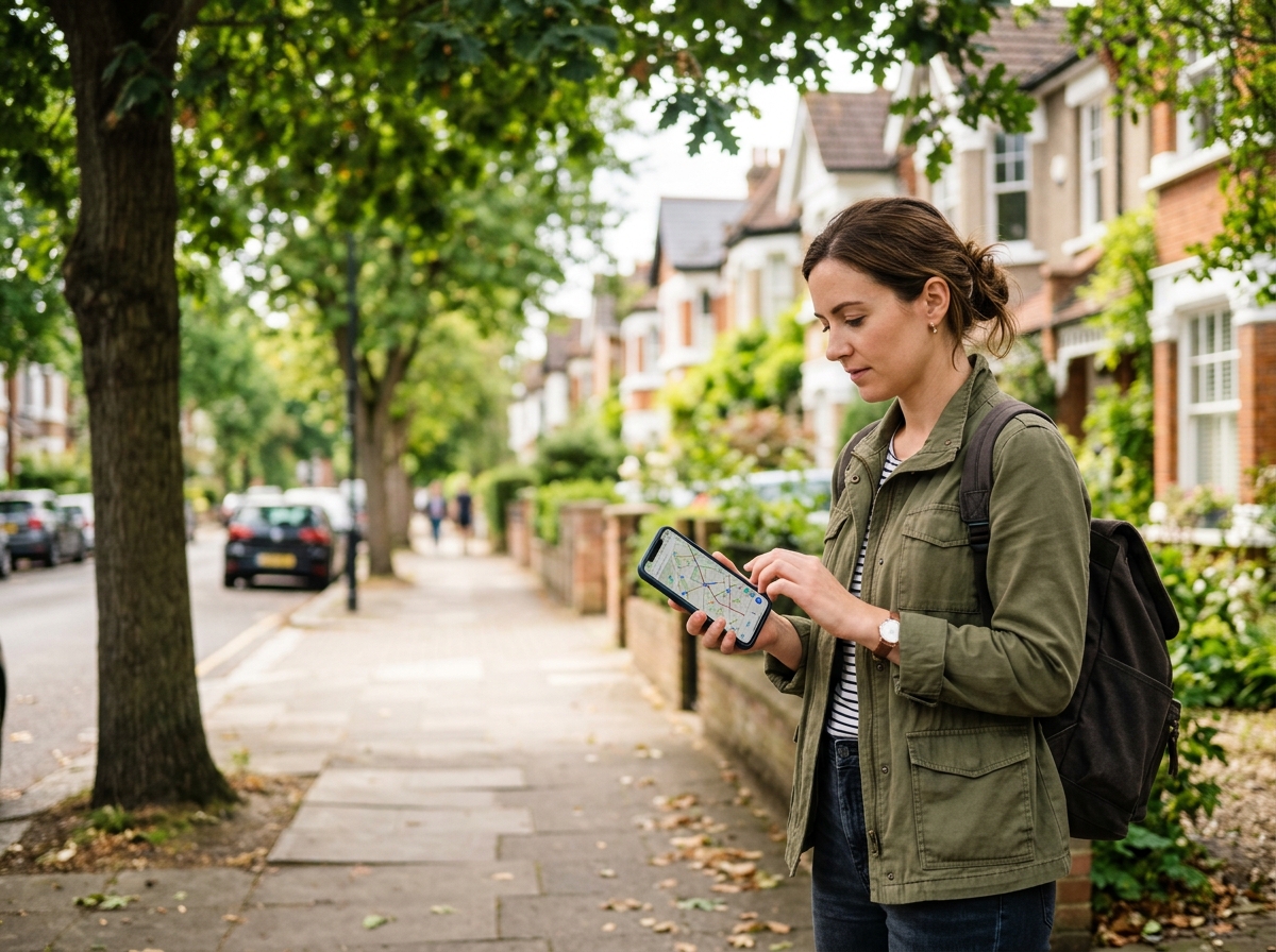 House hunter finding a property on a phone on a residential street