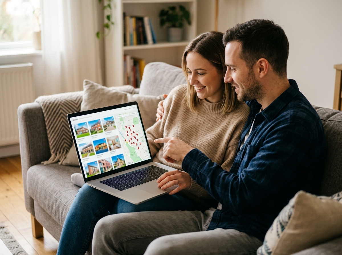 Couple browsing property listings on a laptop