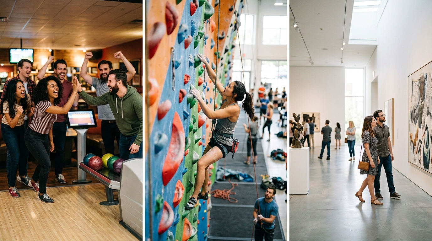 A bowling alley, a climbing wall and a museum gallery side by side