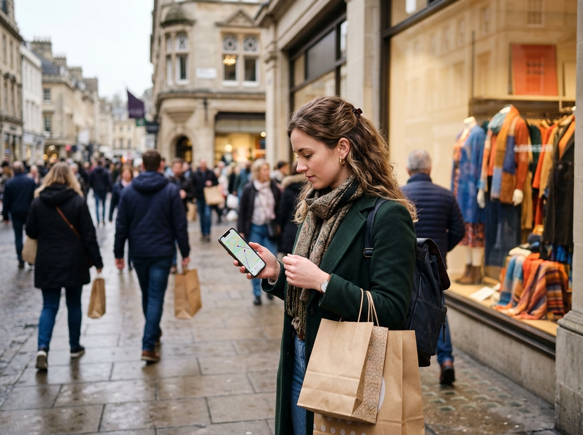 Shopper finding a store on a phone on a high street