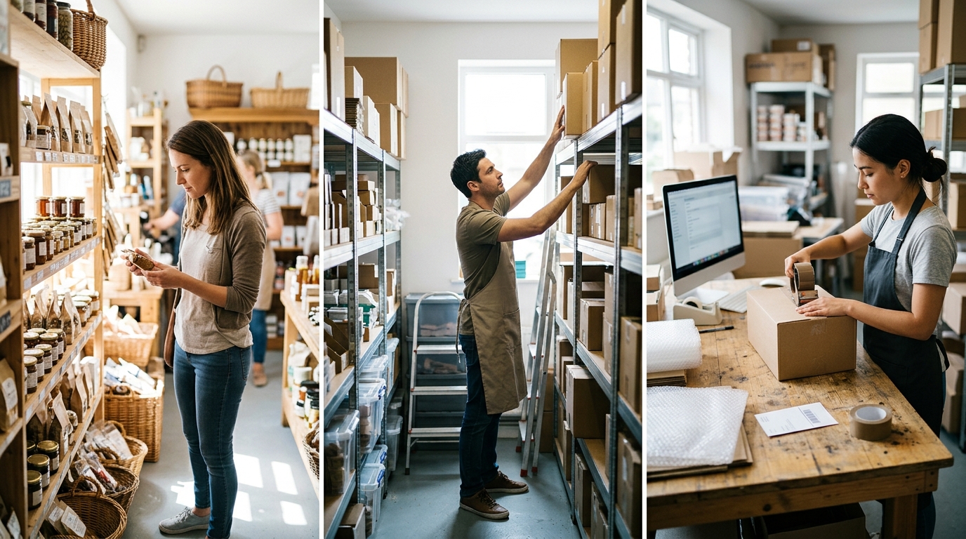 A shop floor, a stockroom and an online order being packed side by side