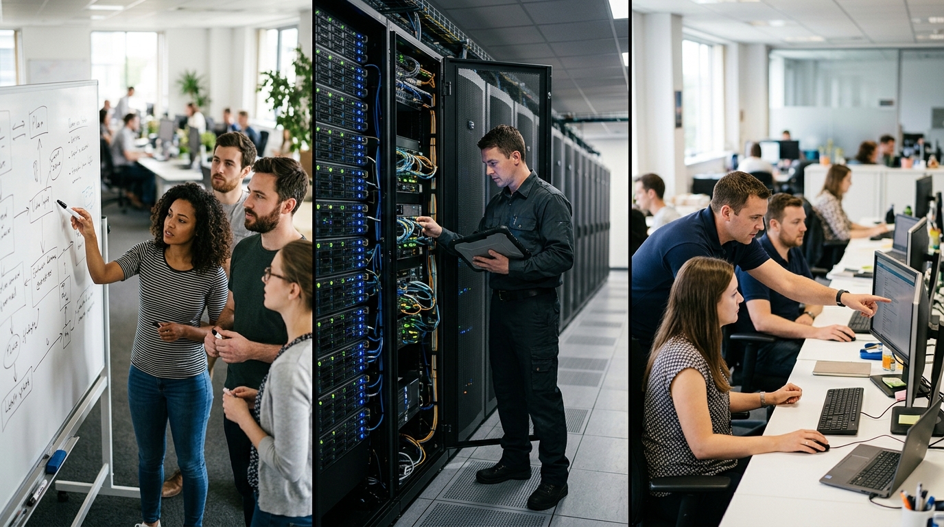 A software team, a server room and an IT support desk side by side