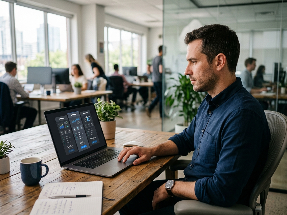 Buyer comparing software on a technology company website on a laptop