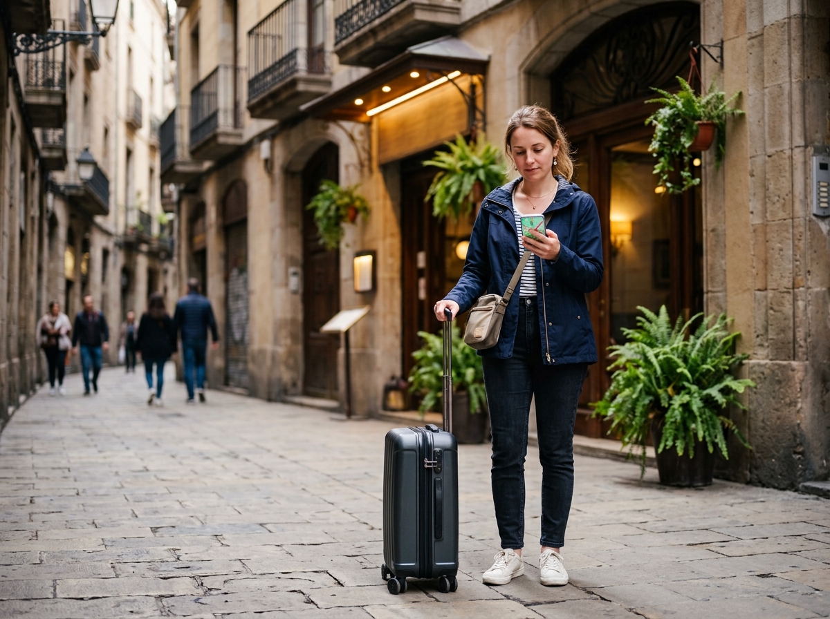 Tourist finding a hotel on a phone on a city street